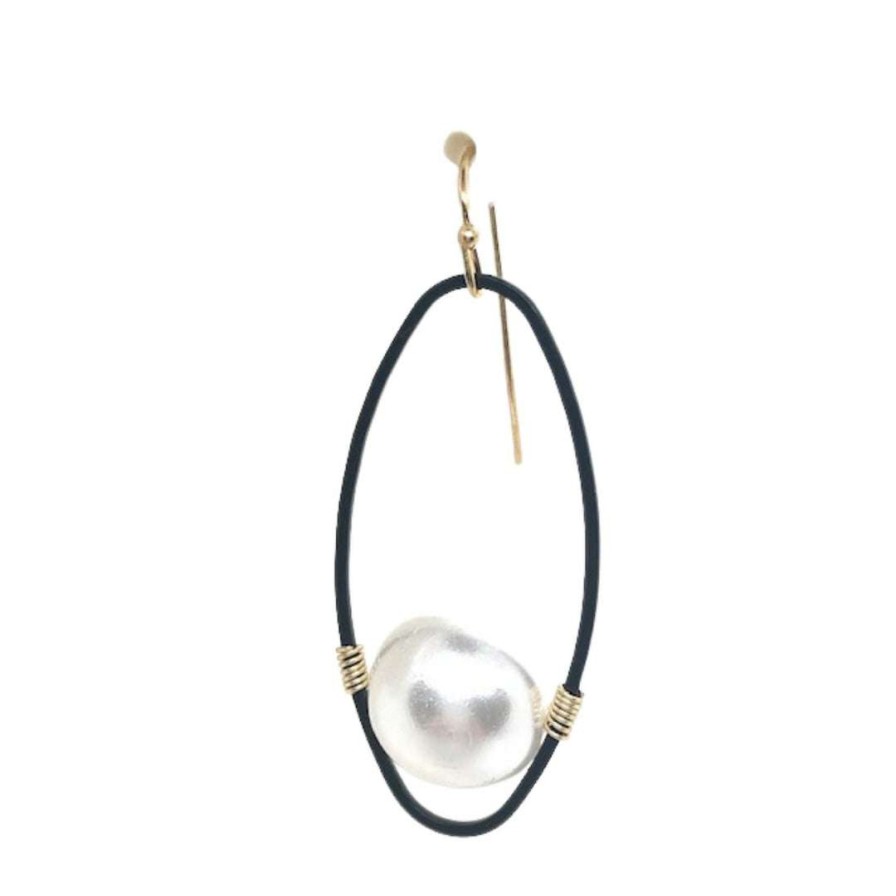 Earrings * | Deborah Grivas Pearl Gold Wire Wrap Matte Black Oval Earrings