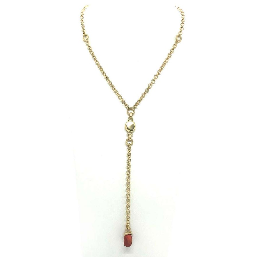 Necklaces * | Deborah Grivas Red Sponge Coral Matte Gold Rolo Chain Y Necklace