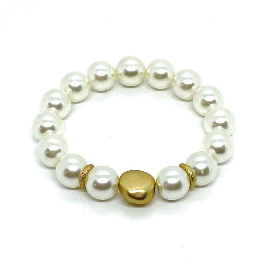 Bracelets * | Deborah Grivas White Glass Pearl Matte Gold Nugget Stretch Bracelet