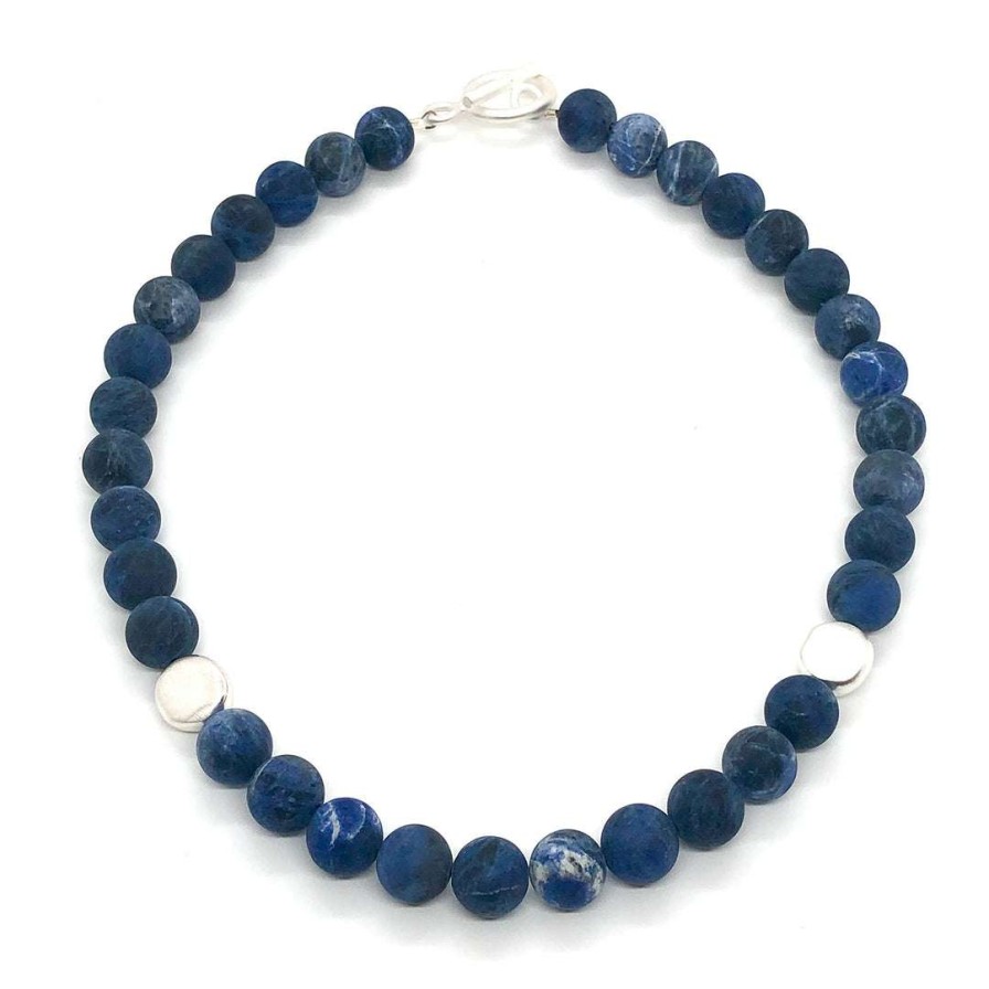 Necklaces * | Deborah Grivas Necklaces Matte Blue Sodalite With Matte Silver Flat Bead Necklace