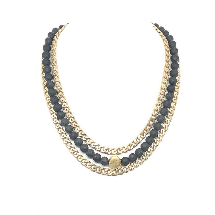 Necklaces * | Deborah Grivas Matte Black Druzy Agate With Matte Gold Curb Chain Necklace