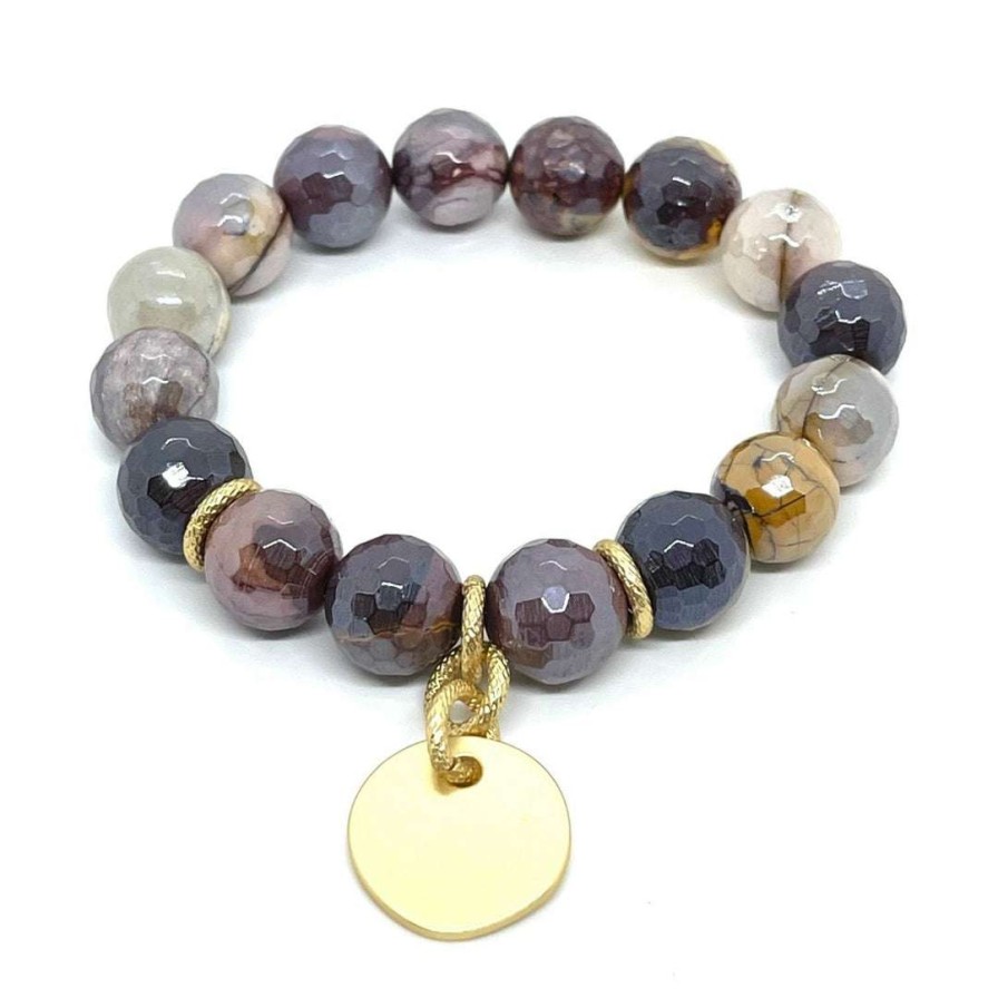 Bracelets * | Deborah Grivas New Arrivals Mookatite Stretch Bracelet With Matte Gold Circle Charm