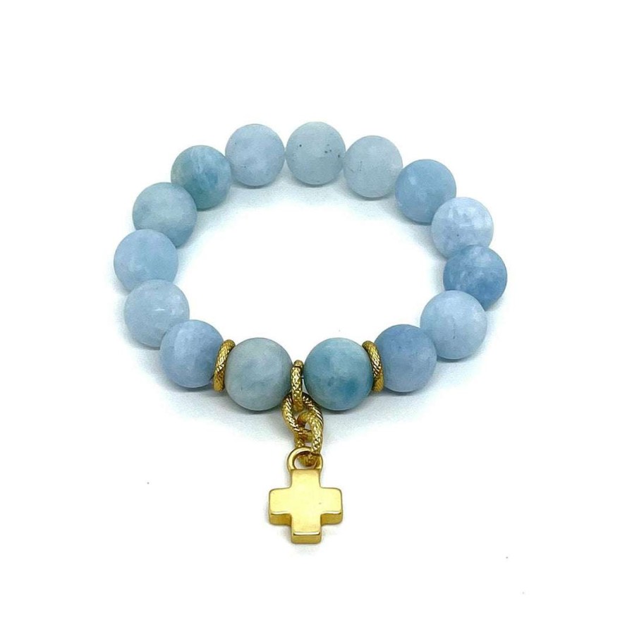 Bracelets * | Deborah Grivas Matte Aqua Marine Matte Gold Cross Charm Stretch Bracelet New Arrivals