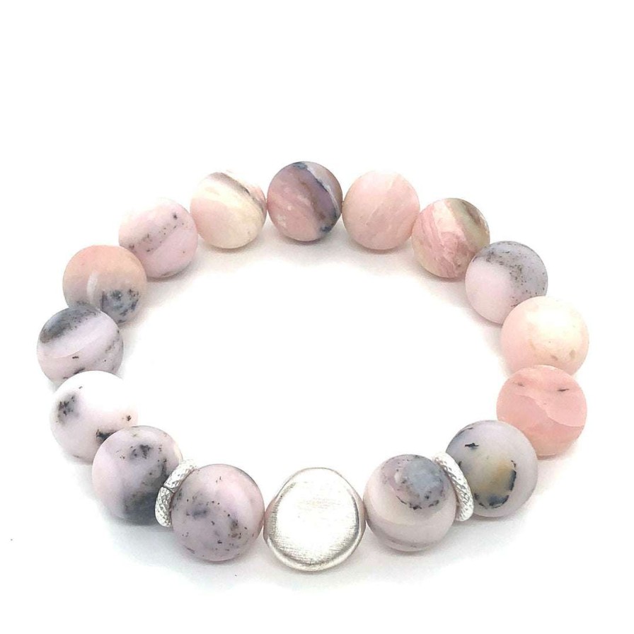 Bracelets * | Deborah Grivas Matte Pink Opal Matte Silver Nugget Stretch Bracelet