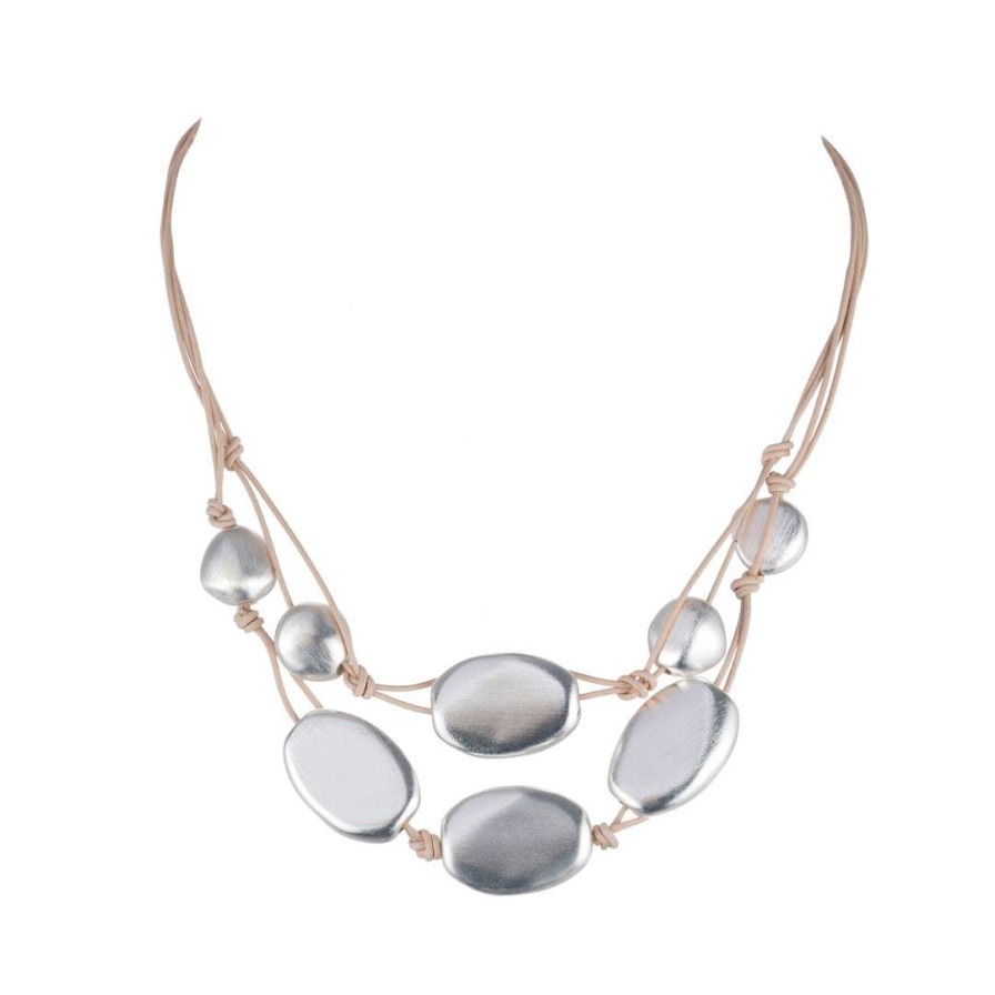 Necklaces * | Deborah Grivas Necklaces Matte Silver Bead Two Strand Graduated Putty Leather Necklace