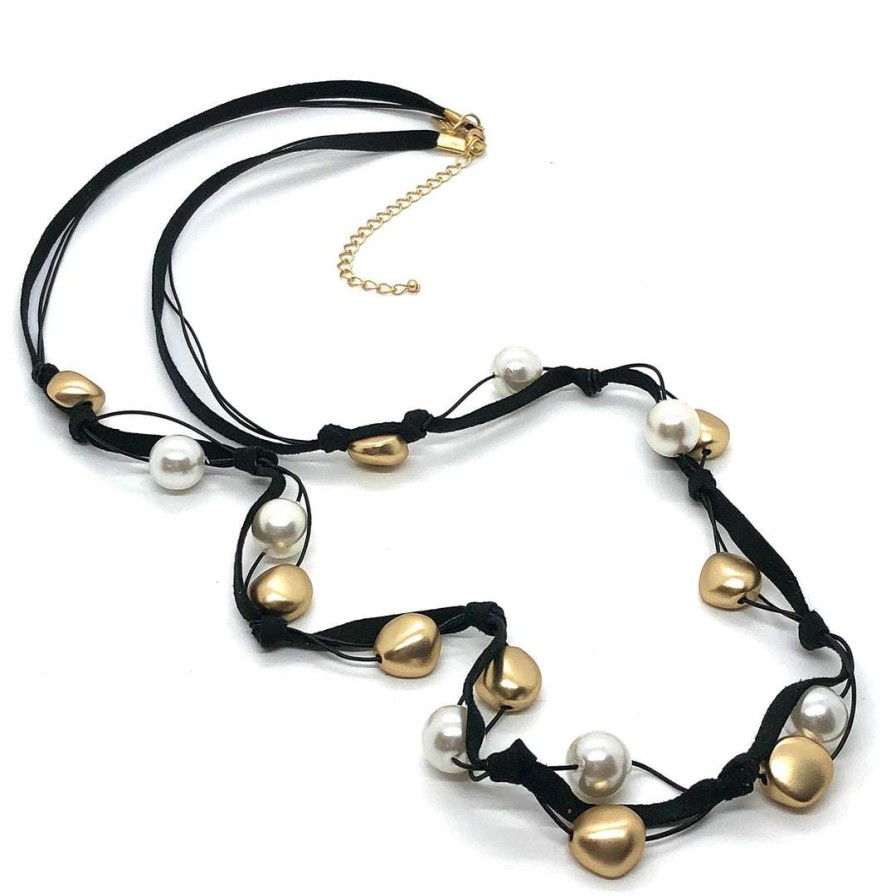 Necklaces * | Deborah Grivas Glass Pearl And Matte Gold Nugget Black Suede Necklace Necklaces