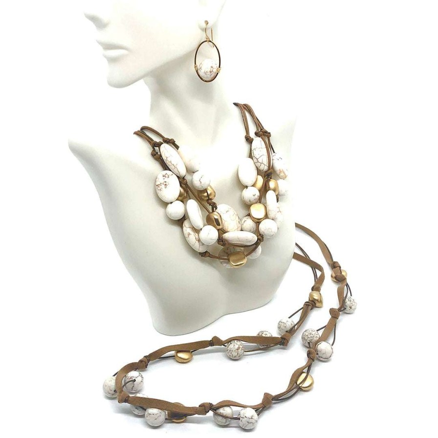 Necklaces * | Deborah Grivas New Arrivals White Magnesite And Matte Gold Pebble Bead Toursade Necklace