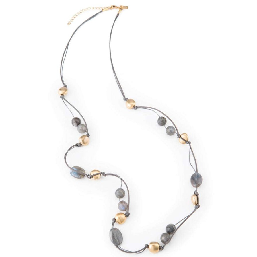 Necklaces * | Deborah Grivas Natural Labradorite And Matte Gold Bead Gray Linen Long Necklace