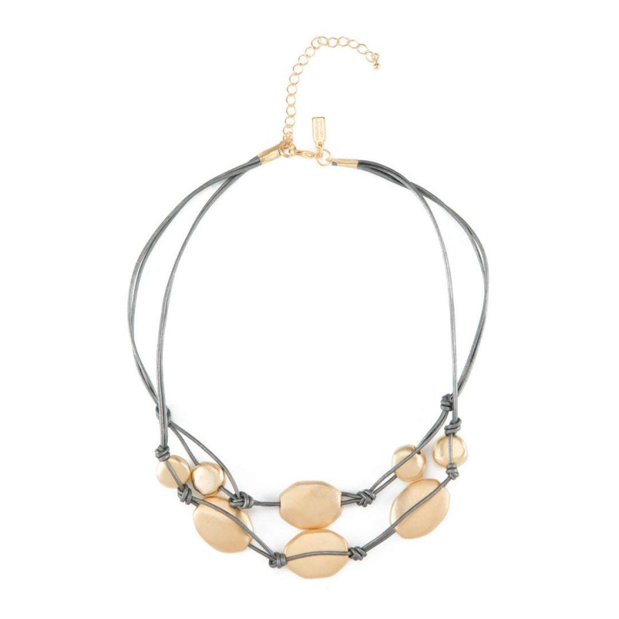 Necklaces * | Deborah Grivas Matte Gold Plate Bead Two Strand Graduated Platinum Leather Necklace