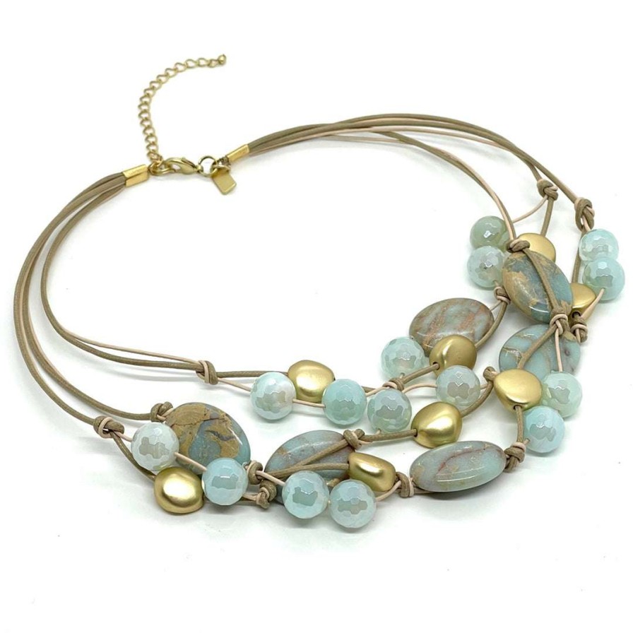 Necklaces * | Deborah Grivas Blue Aqua Terra Jasper Aqua Glazed Agate Waxed Linen And Leather Toursade Necklace New Arrivals