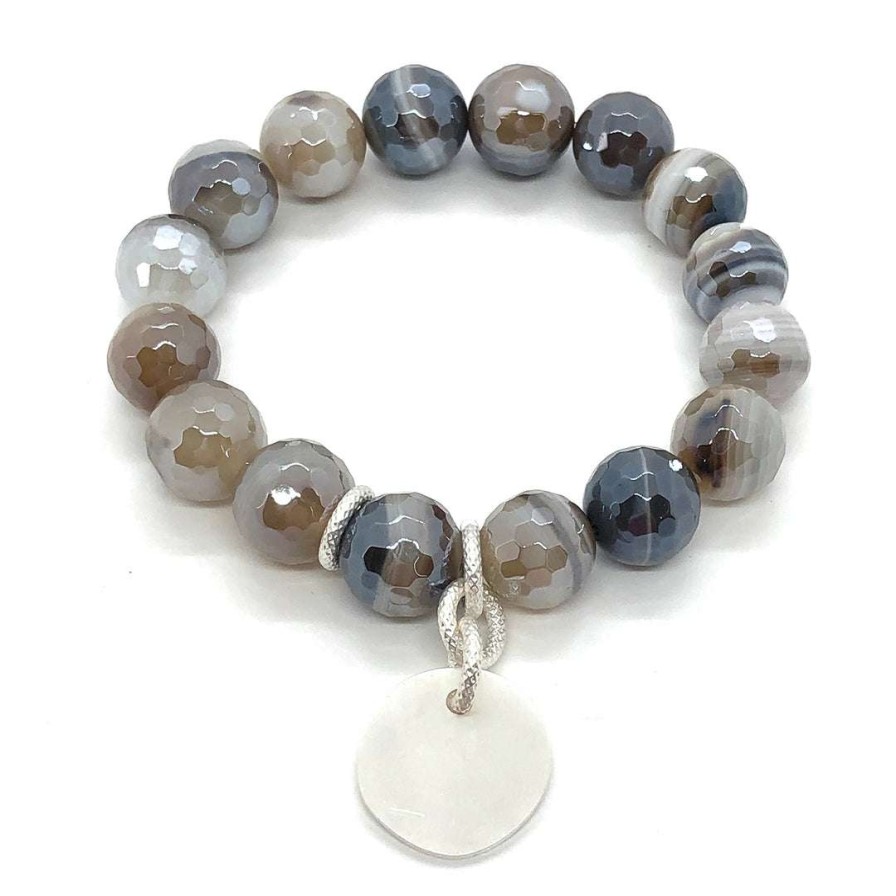 Bracelets * | Deborah Grivas Mocha Glazed Agate With Matte Silver Charm Stretch Bracelet