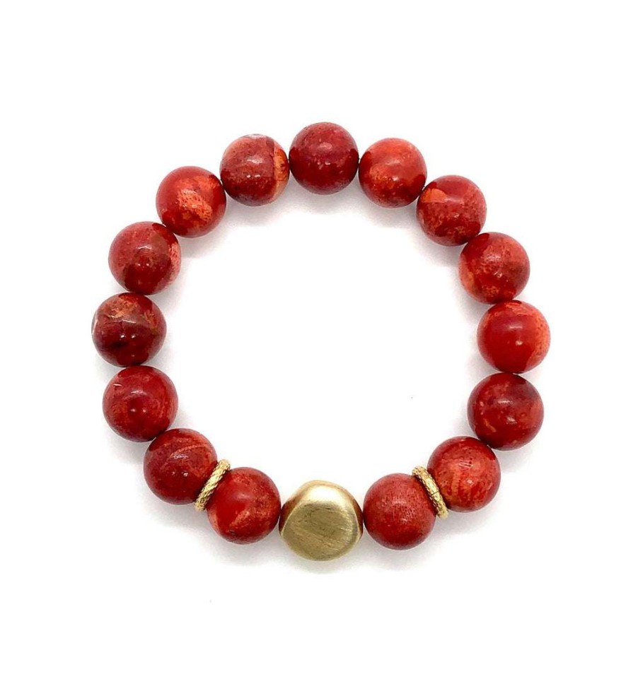 Bracelets * | Deborah Grivas Red Sponge Coral Matte Gold Bead Stretch Bracelet