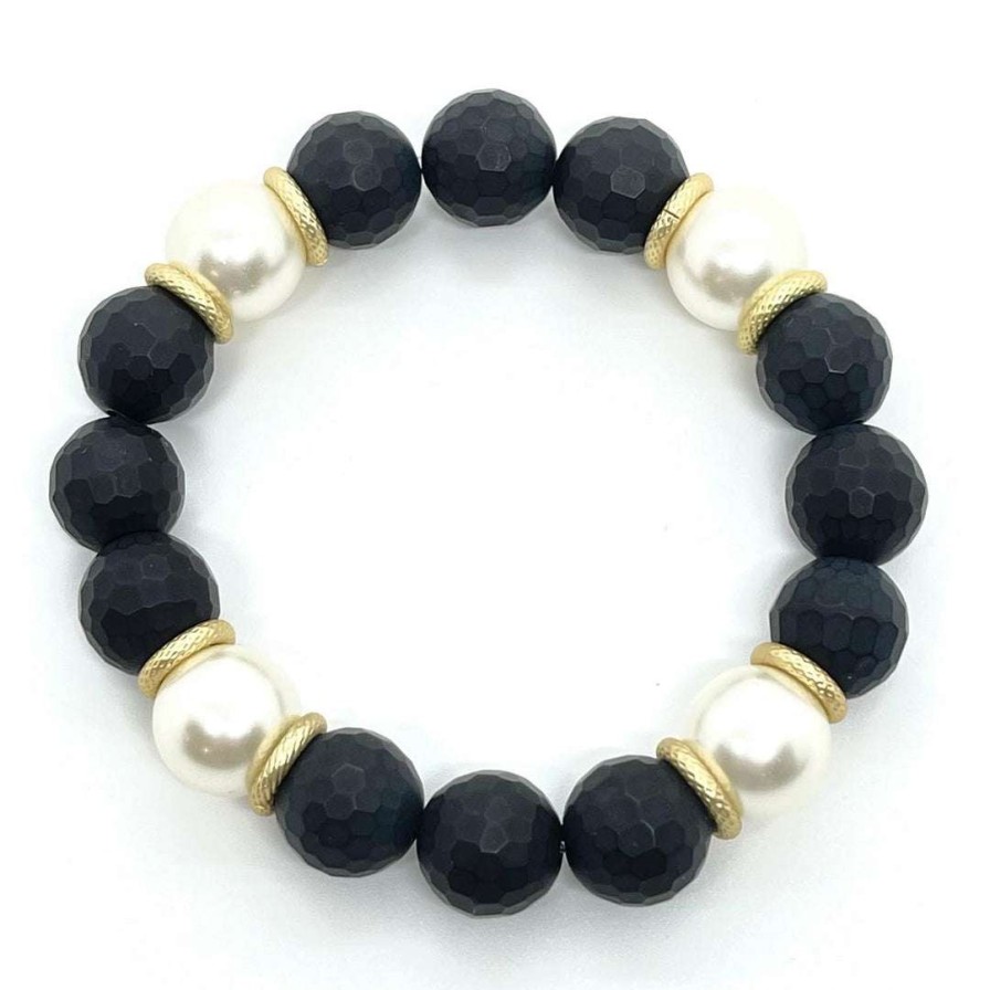 Bracelets * | Deborah Grivas Onyx And Pearl Stretch Bracelet Bracelets