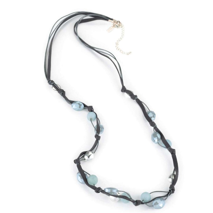 Necklaces * | Deborah Grivas Necklaces Matte Aqua Marine Blue Velvet Crystal And Silver Pebble Bead Long Layer Necklace