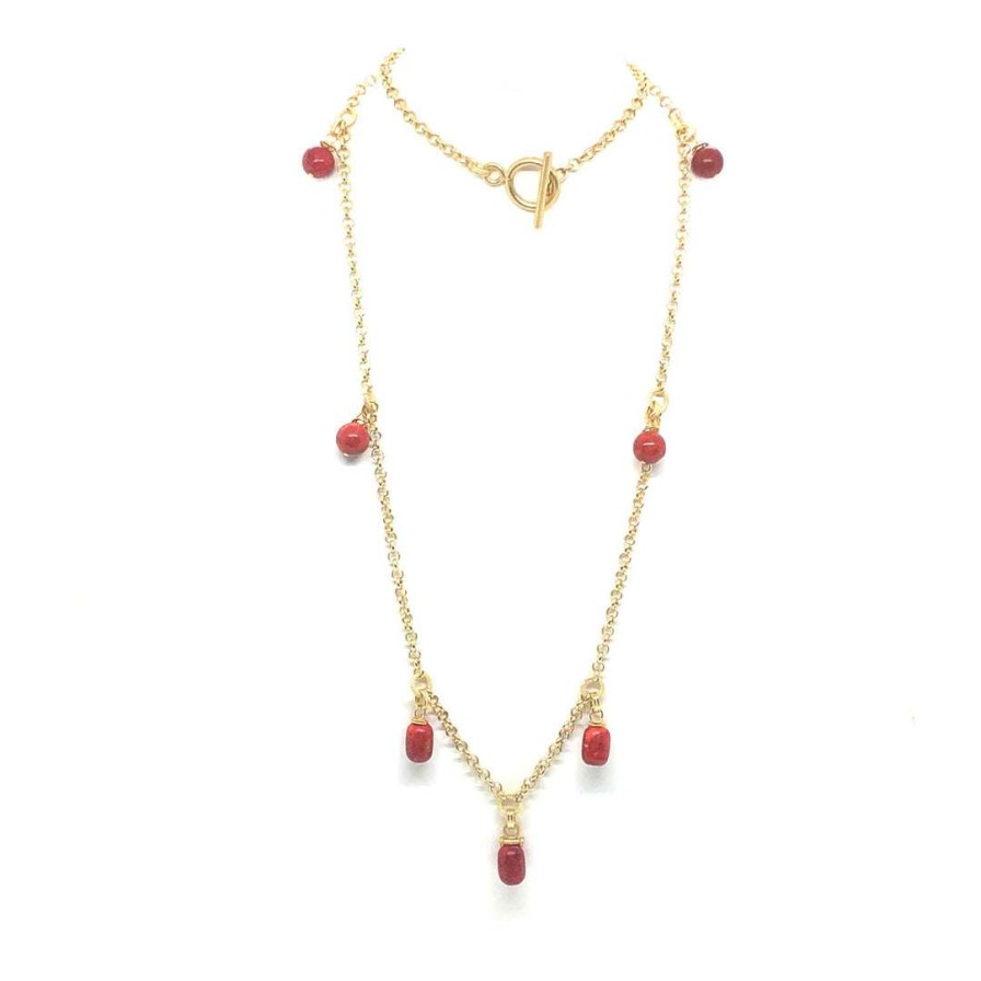 Necklaces * | Deborah Grivas Necklaces Red Sponge Coral Gold Charm Rolo Chain Necklace