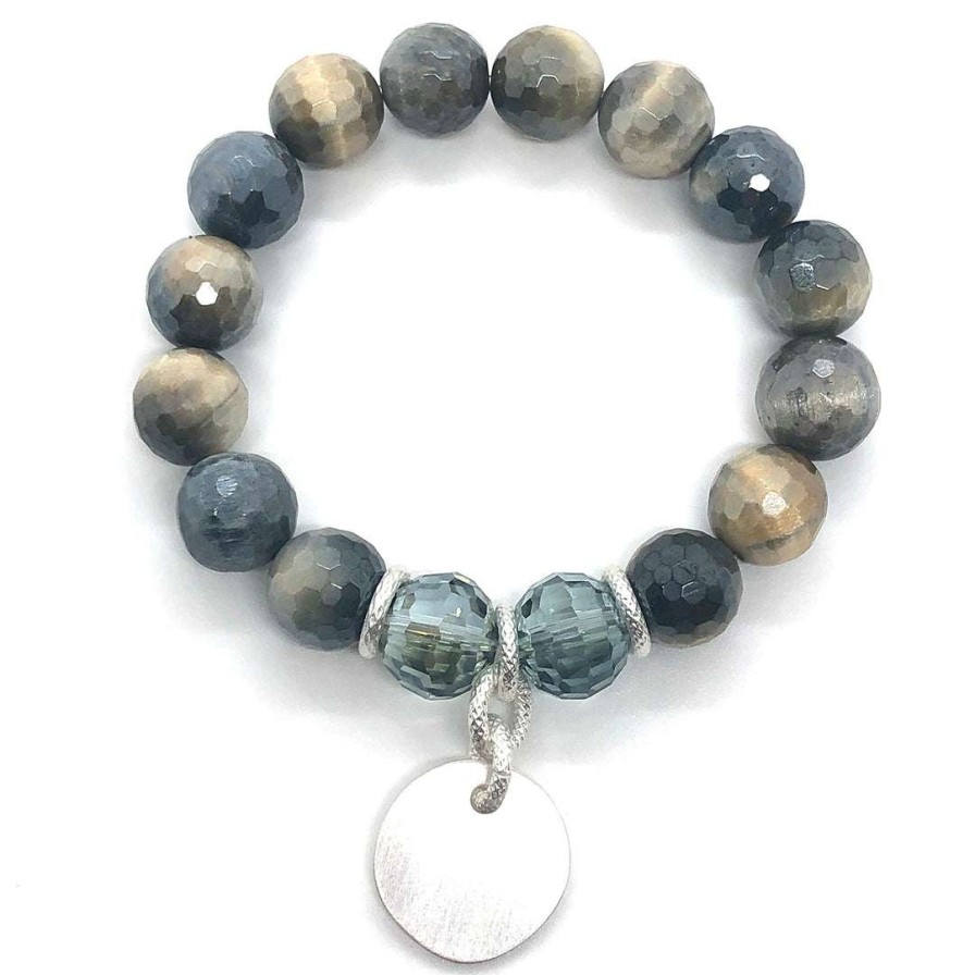 Bracelets * | Deborah Grivas Labradorite Blue And Cream Glazed Agate Stretch Bracelet With Charm Bracelets