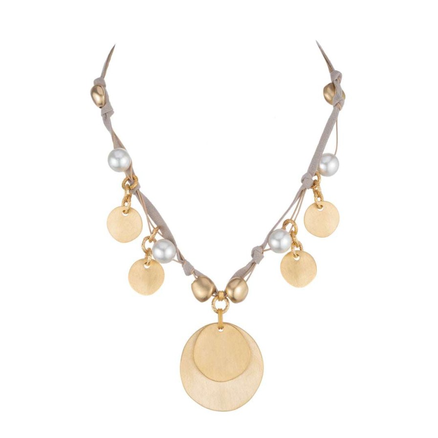 Necklaces * | Deborah Grivas Matte Gold Coin Charm With Pearl Necklace