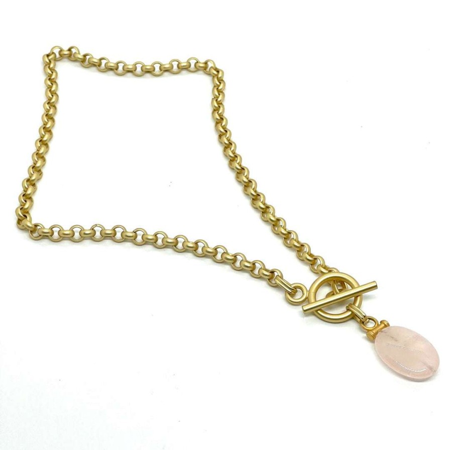 Necklaces * | Deborah Grivas Rose Quartz Bar Pendant Matte Gold Chain Necklace New Arrivals