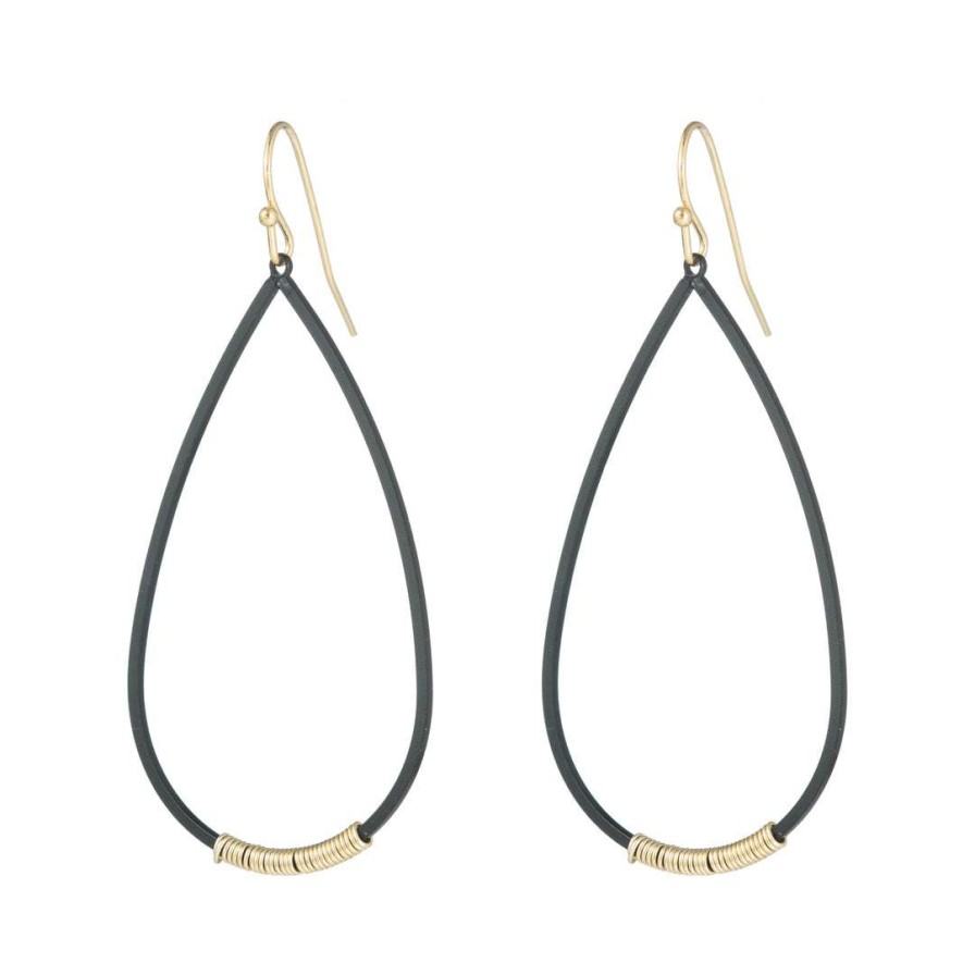 Earrings * | Deborah Grivas Matte Black Teardrop Gold Wire Wrapped Earrings