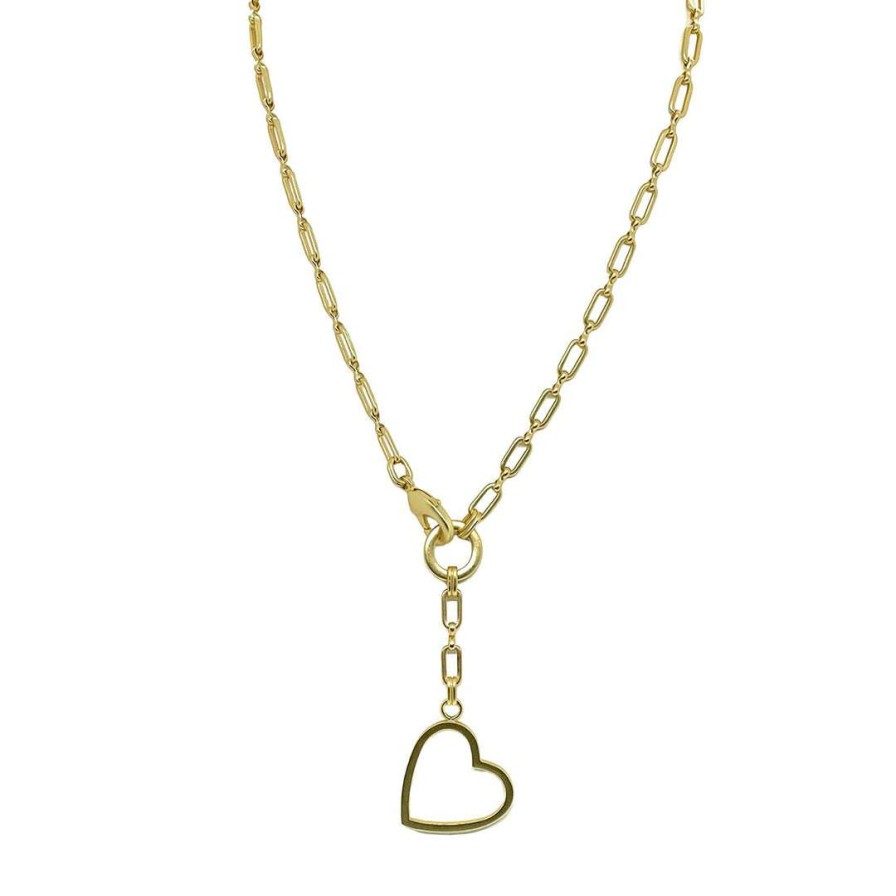 Necklaces * | Deborah Grivas Matte Gold Paperclip Chain Y Necklace With Heart Pendant