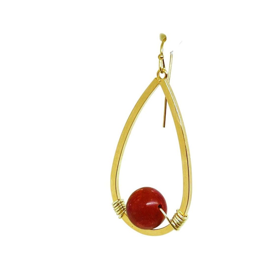 Earrings * | Deborah Grivas Red Sponge Coral Matte Gold Teardrop Wire Earrings