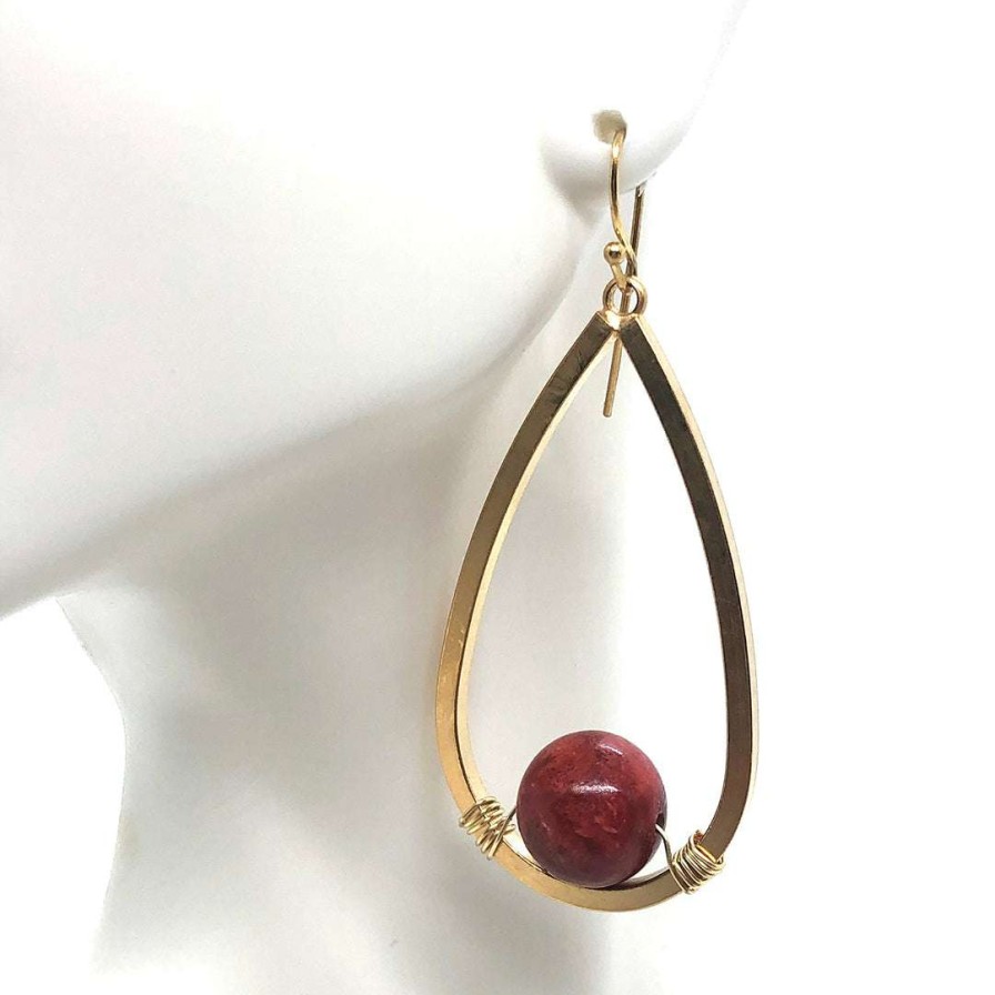 Earrings * | Deborah Grivas Red Sponge Coral Matte Gold Teardrop Wire Earrings