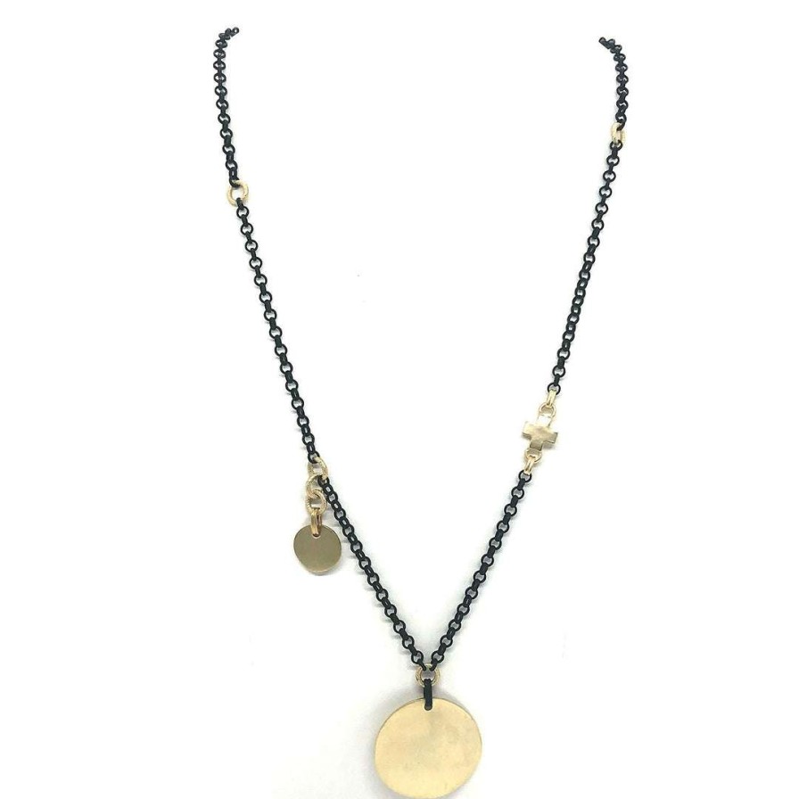 Necklaces * | Deborah Grivas Necklaces Matte Gold Cross Charm Disk Matte Black Gold Accent Rolo Chain