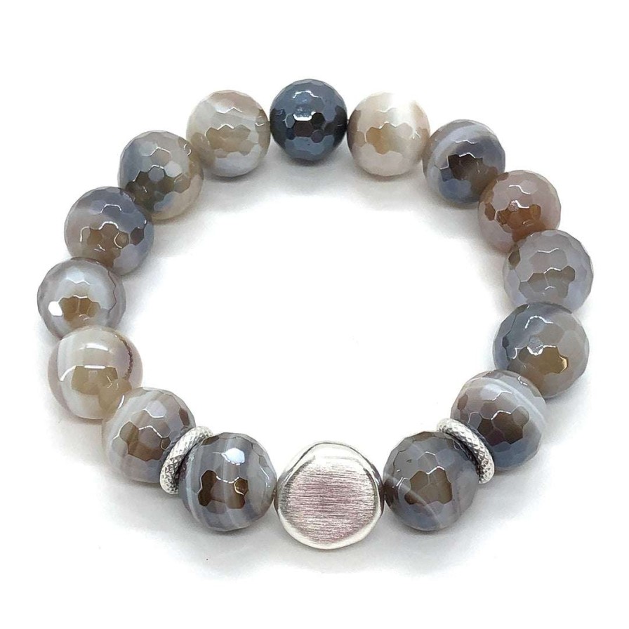 Bracelets * | Deborah Grivas Bracelets Mocha Glazed Agate With Matte Silver Bead Stretch Bracelet