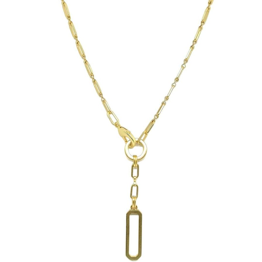 Necklaces * | Deborah Grivas Matte Gold Paperclip Chain Y Necklace With Bar Pendant