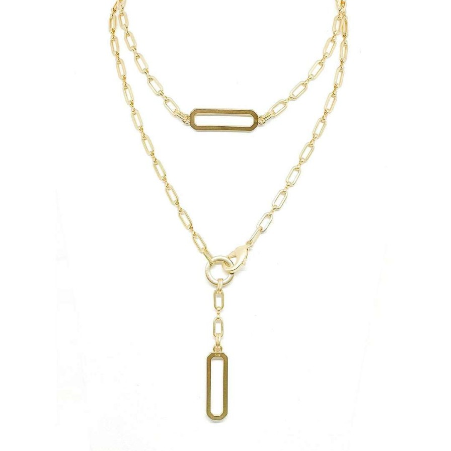 Necklaces * | Deborah Grivas Matte Gold Paperclip Chain Y Necklace With Bar Pendant