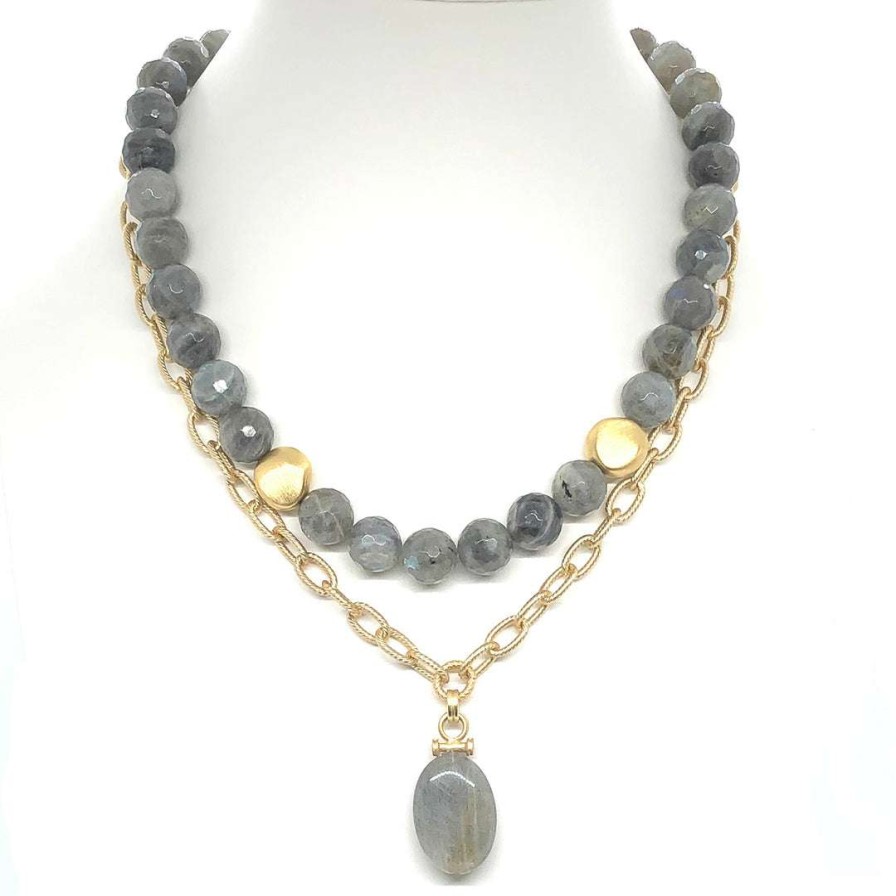 Necklaces * | Deborah Grivas Natural Labradorite Matte Gold Chain Natural Labradorite Pendant Necklace