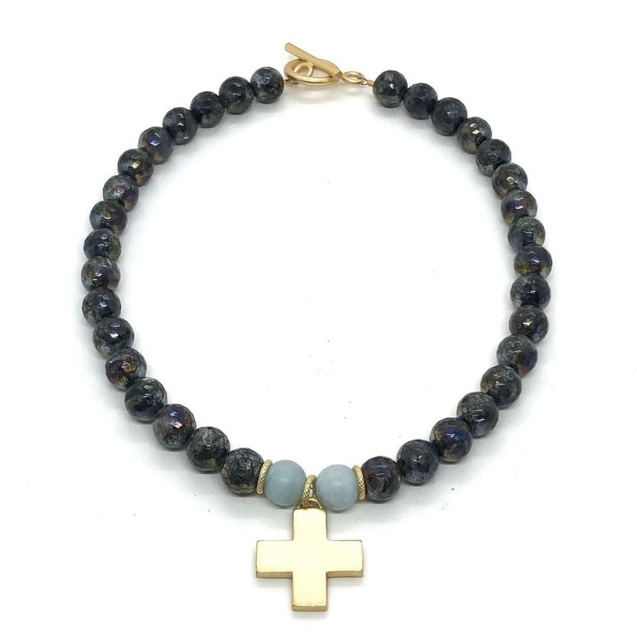 Necklaces * | Deborah Grivas Lavakite And Matte Aqua Marine Matte Gold Cross Necklace Necklaces