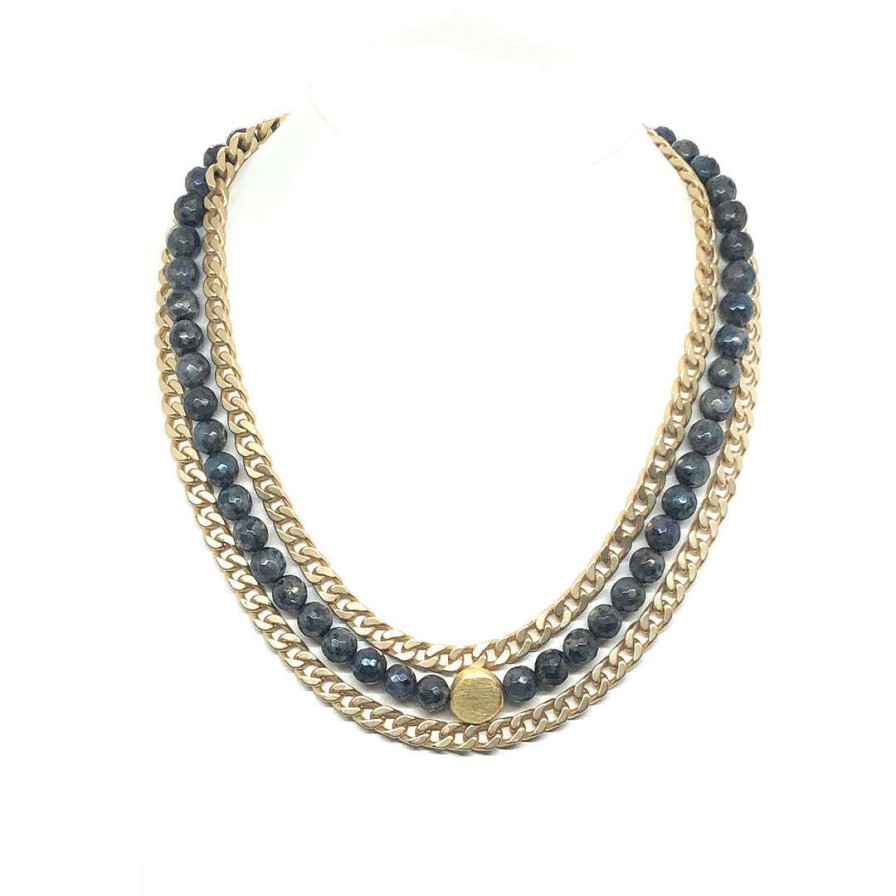 Necklaces * | Deborah Grivas Lavakite Agate With Matte Gold Curb Chain Three Strand Toggle Necklace