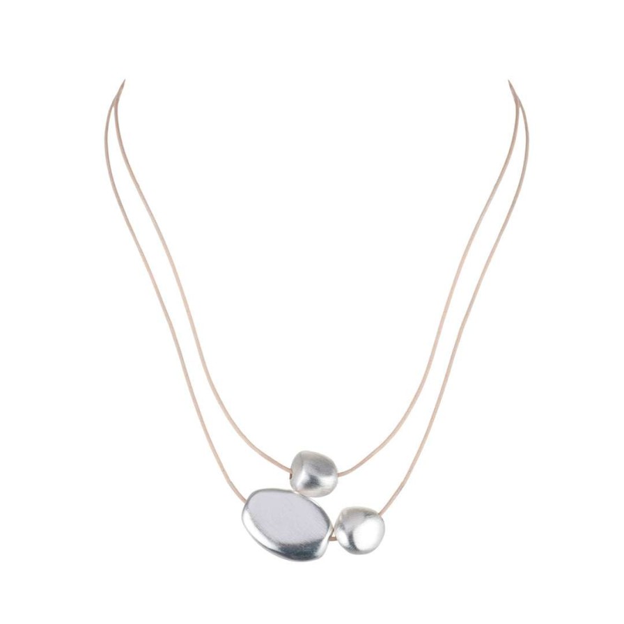 Necklaces * | Deborah Grivas Matte Silver Bead Putty Leather Graduated Necklace