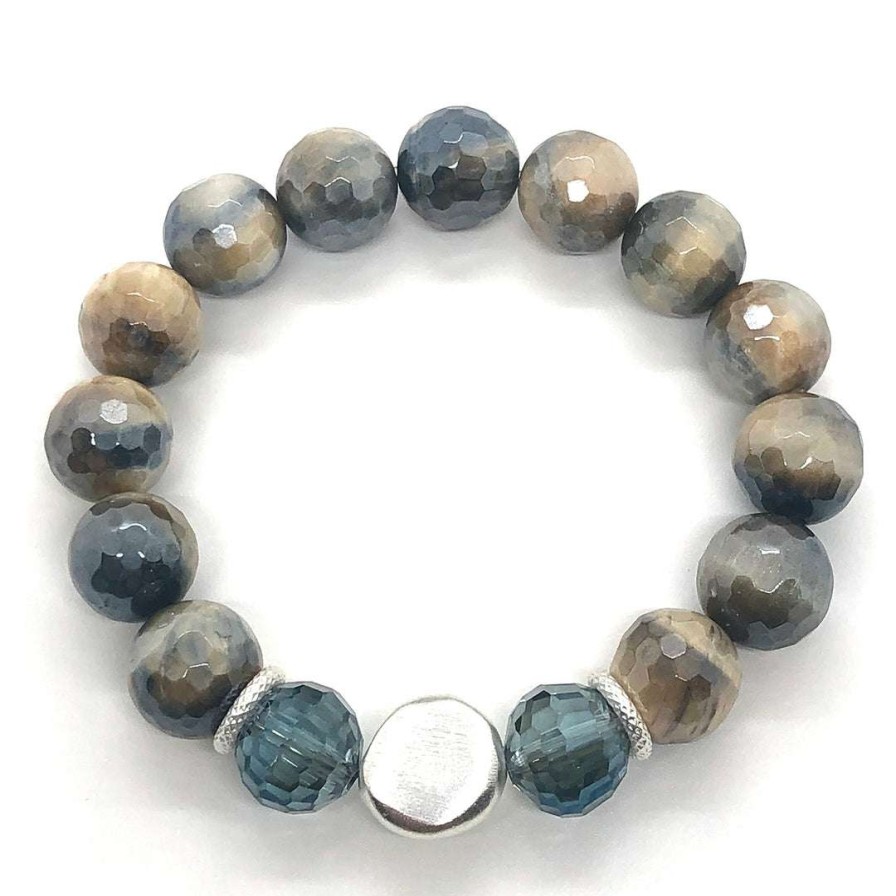 Bracelets * | Deborah Grivas Labradorite Blue And Cream Glazed Agate Stretch Bracelet