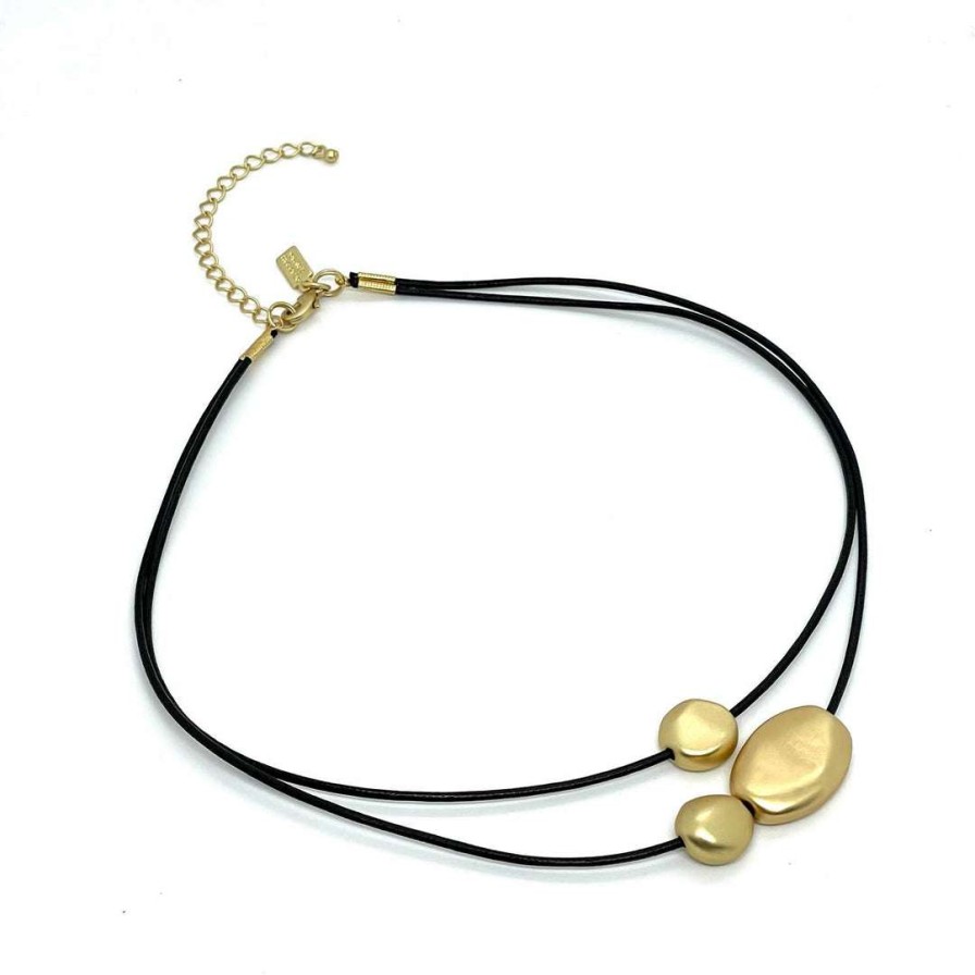 Necklaces * | Deborah Grivas Matte Gold Bead Waxed Black Linen Graduated Necklace