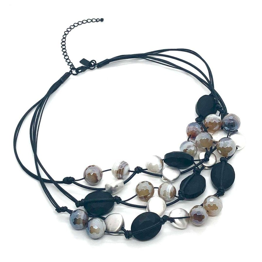 Necklaces * | Deborah Grivas Mocha Glazed Agate With Black Crystal Matte Silver Necklace