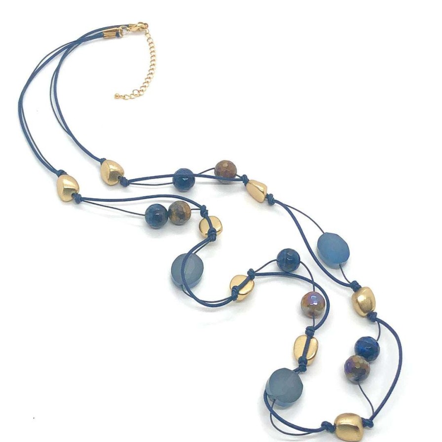 Necklaces * | Deborah Grivas Matte Labradorite Crystal And Blue And Brown Glazed Tiger Eye Long Layer Necklace