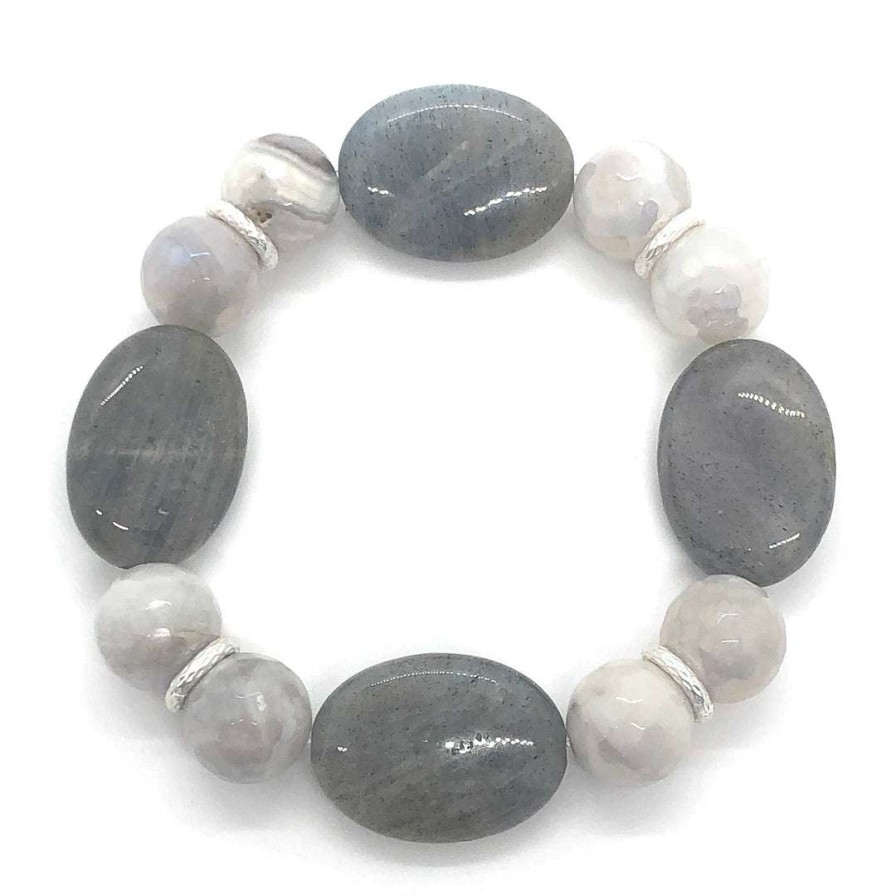 Bracelets * | Deborah Grivas Oval Natural Labradorite And Gray Snowflake Glazed Agate With Matte Stretch Bracelets